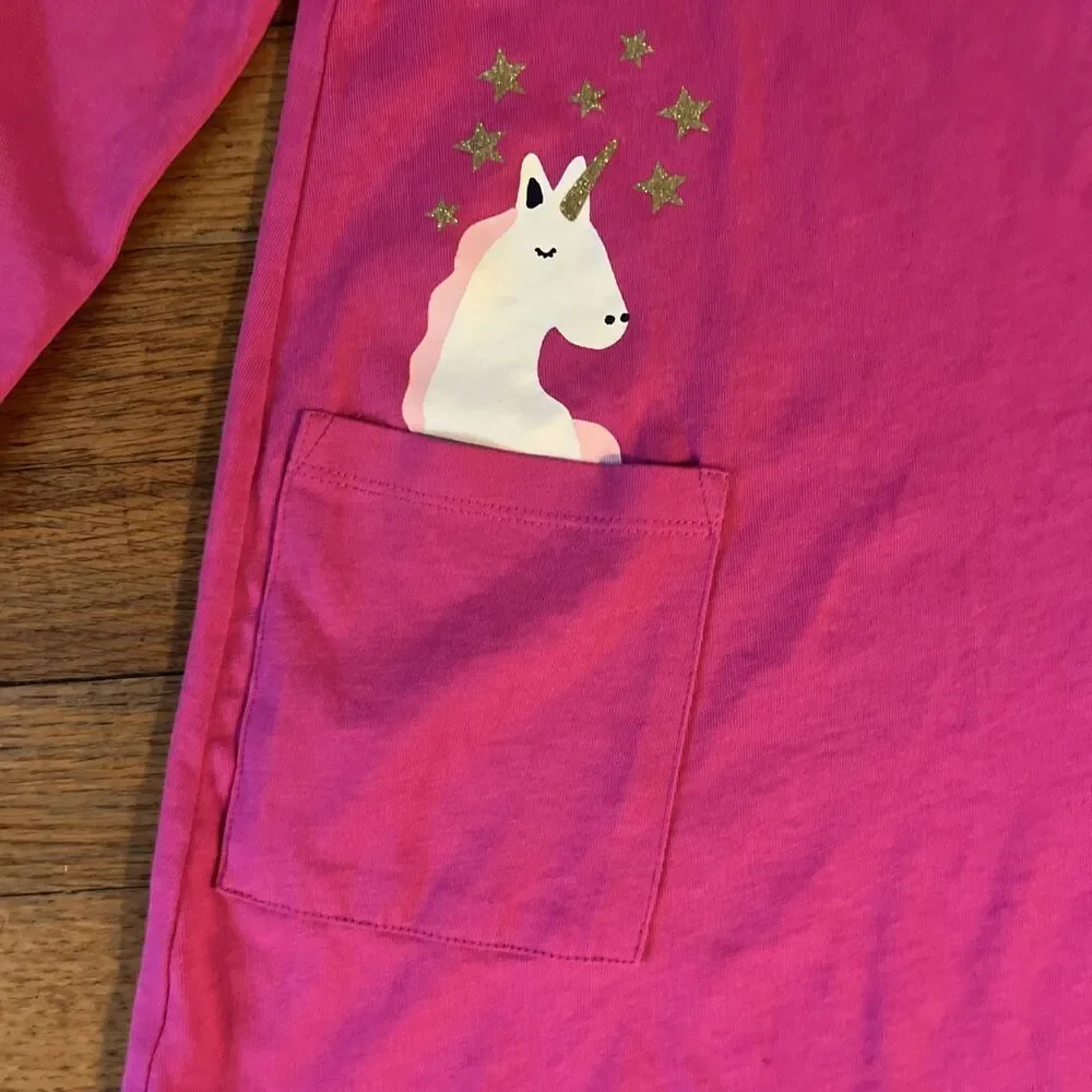 Hanna Andersson Girls Pink Long Sleeve Dress Unicorn Pocket Organic Size 6-7